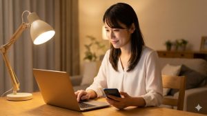 自宅のデスクで集中して作業する日本人女性会社員。スマホとPCを使い分け、秘密の副業データ入力に励む様子。