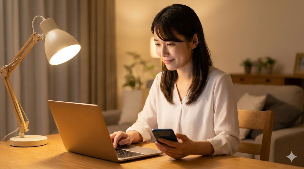 自宅のデスクで集中して作業する日本人女性会社員。スマホとPCを使い分け、秘密の副業データ入力に励む様子。
