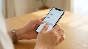 木目調のテーブルの上でスマホを持ち、両親指で高速に入力する日本人女性の手元。スピードと効率を重視した作業風景。