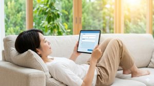 自宅のソファでリラックスしながらタブレットに入力する日本人女性。未経験者でも手軽に始められる在宅データ入力のイメージ。