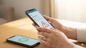 木目のテーブルの上で、スマホに表示された警告アイコンを確認する日本人女性。怪しい高単価案件を冷静に見極める防衛策のイメージ。