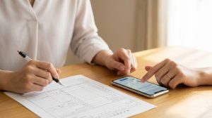 自宅のデスクで税申告書類とスマホを確認する日本人女性。スマホ画面で住民税の「普通徴収」設定を選択する、副業バレ回避の重要な手続き。