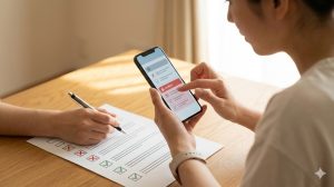 自宅のデスクでスマホの副業リストを確認し、危険な仕事（レッドリスト）にチェックを入れる日本人女性。会社にバレるリスクや健康被害を回避するイメージ。
