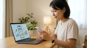 自宅のデスクでスマホとPCを使い分け、データ入力作業をこなす日本人女性。自信に満ちた笑顔で、月5万円の副業目標を達成するイメージ。