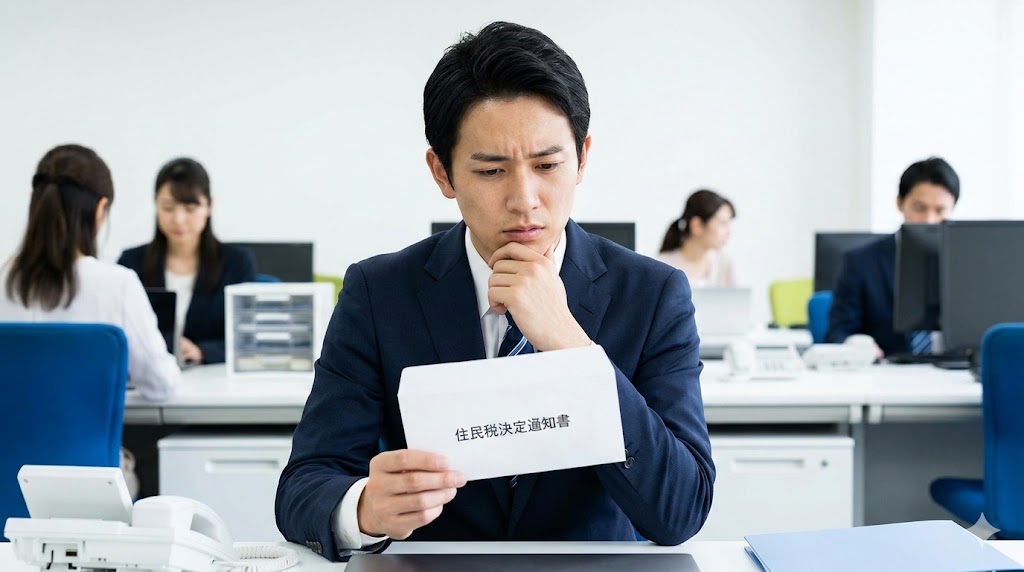 会社で住民税の決定通知書を受け取り、副業バレを心配する日本人男性会社員。