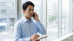 4月下旬に、住民税の徴収方法が「普通徴収」になっているかを確認するため、役所に電話をかける日本人男性会社員。