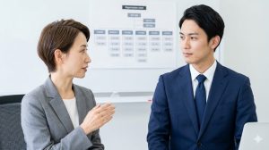 オフィスで、経理担当者(上司)の質問に対し、冷静に言い訳を述べる日本人男性会社員。