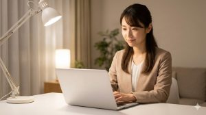 在宅で安心して副業の入門書を読む日本人の会社員女性のイメージ