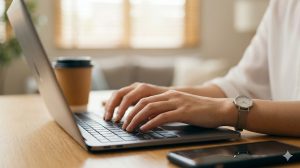 在宅でデータ入力の副業をする日本人の女性の手元のイメージ