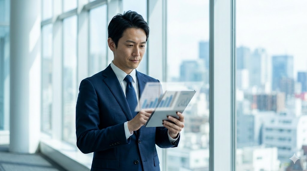 東京都心の高層ビルを背景に、タブレット端末を持つスーツ姿のアジア人公務員男性。副業を検討する公務員の将来への不安と決意を表現。
