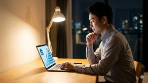 自宅のデスクでパソコンの画面を見つめる、副業を決意した日本の会社員男性。将来への希望と決意を感じさせる。