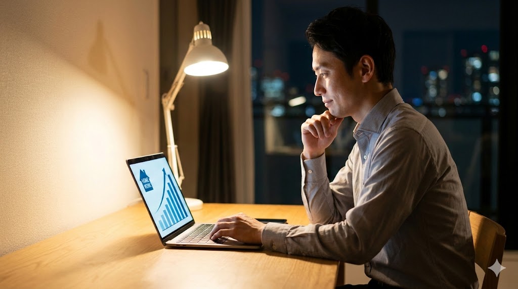 自宅のデスクでパソコンの画面を見つめる、副業を決意した日本の会社員男性。将来への希望と決意を感じさせる。