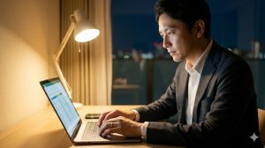 夜、自宅のデスクで、匿名性を維持しながら黙々とデータ入力の副業をする日本の会社員男性。