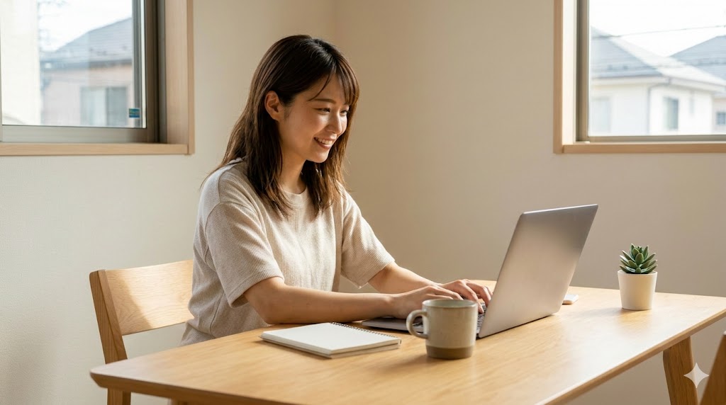 在宅でリラックスしながら、パソコンで週1回の副業ライター作業を楽しむ日本人女性。週末の unproductive な時間を productive な時間に変えている。