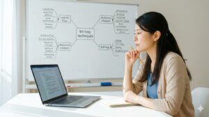 マインドマップを活用してWebライティングの基礎と論理的構成を学ぶ日本人女性。未経験から即戦力ライターを目指すための学習プロセスを可視化。