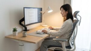 在宅Webライター向けに最適化されたエルゴノミクスデスク環境。快適な椅子、外付けモニター、キーボードが、身体への負担を軽減し、生産性を高めている。