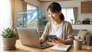 電卓を片手に、 laptop で収益最大化戦略を練る日本人女性副業ライター。