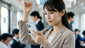 通勤電車内でスマートフォンを使い、効率的に情報収集を行う日本人女性。平日の隙間時間を活用して、週末の副業ライター活動の準備をしている。