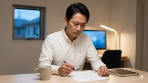 自宅のデスクで、二以上事業所勤務による社会保険の問題を悩みながら、公的書類を確認する日本の会社員男性。