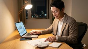 夜、自宅のデスクで、在宅副業の確定申告書類を自信を持って確認する日本の会社員男性。