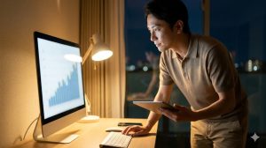 夜、自宅のデスクで、大型モニターとタブレットを使い、在宅での副業に集中する日本の会社員男性。
