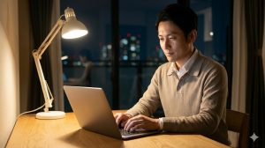 夜、自宅のデスクで、知り合いに会う心配のないオンライン副業に集中する日本の会社員男性。