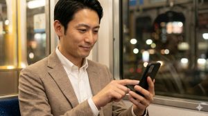 夜、通勤電車の中で、誰にも気づかれずにスマートフォンで副業をする日本の会社員男性。