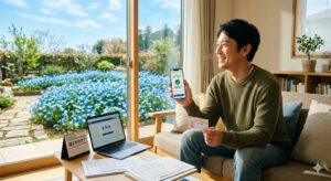 2026年の確定申告をスマホe-Taxで無事に完了させ、晴れやかな表情で窓の外の庭（ネモフィラが鮮やかに咲いている）を眺める日本人の男性。手にはスマートフォンとマイナンバーカードを持ち、達成感に満ちている。