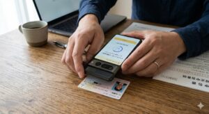 机の上に置かれたマイナンバーカードの上に、カバーを外したスマートフォンの上部（カメラ付近）を正確に当てて、NFC読み取りを行う日本人の男性の手元。安定した場所で読み取りを成功させようとしている。