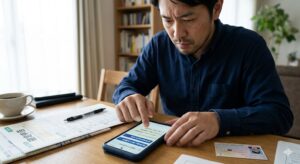 スマートフォンの画面に表示されたe-Taxアプリの「住民税に関する事項」ページで、「自分で納付（普通徴収）」を選択する小さなチェックボックスに、日本人の男性が慎重に指先を触れようとしている。緊張感のある瞬間。
