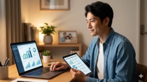 AI Amazon副業を通じて経済的な自由と理想の未来を手に入れ、充実した表情を浮かべる日本人男性。