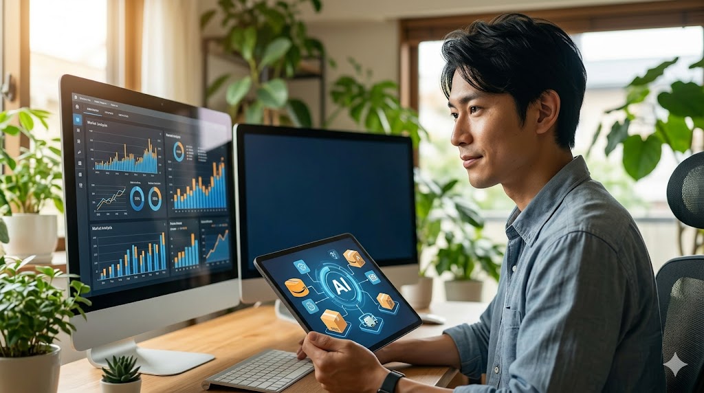 2026年のホームオフィスで、AIツールとAmazon市場データを用いて戦略を練る日本人男性の様子。