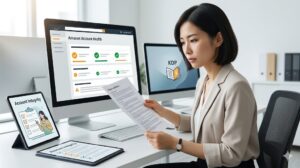 アカウント停止リスクを避けるため、Amazonの公式ガイドラインを真剣に確認する日本人女性起業家。
