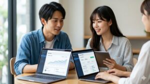 カフェでノートパソコンを広げ、AI Amazon副業の成功事例と失敗事例について情報交換をする日本人男女。