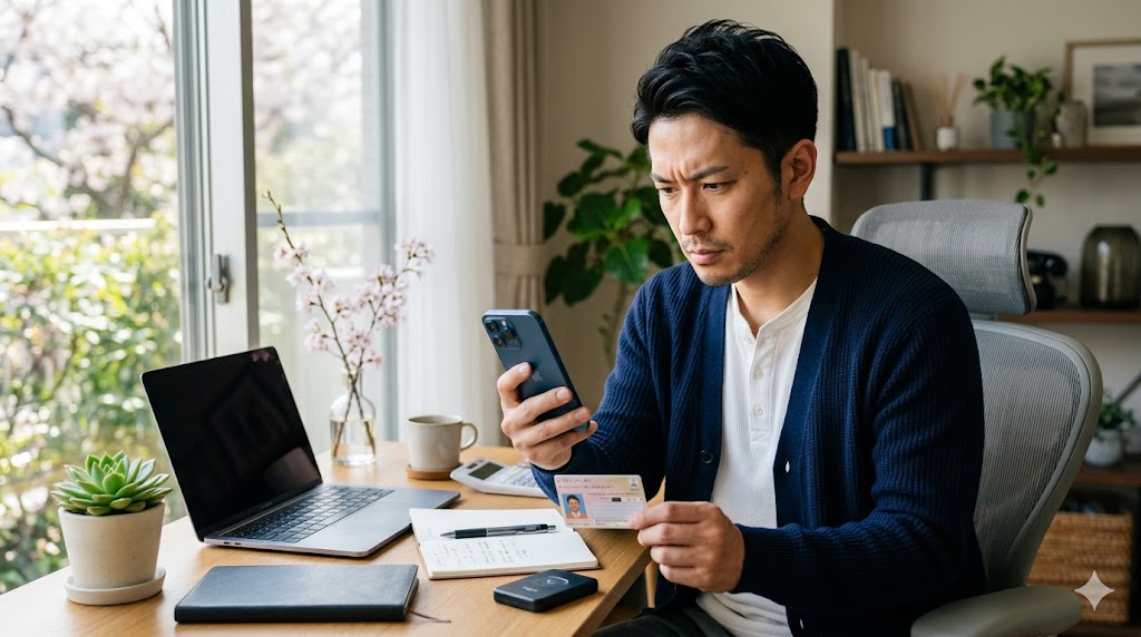 2026年の春、自宅のデスクでスマートフォンとマイナンバーカードを使ってe-Taxで確定申告を行う日本人の副業サラリーマン。真剣な表情で画面を確認している。